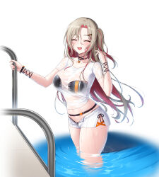 Rule 34 | 1girl, belt, bikini, bikini visible through clothes, black bikini, black choker, bracelet, breasts, brown hair, choker, closed eyes, closers, colored inner hair, crop top, facing viewer, hand up, highres, holding, jewelry, large breasts, long hair, midriff, multicolored hair, navel, official art, one side up, open fly, open mouth, pool, pool ladder, red hair, see-through clothes, see-through shirt, shirt, short shorts, short sleeves, shorts, side-tie peek, side slit, smile, solo, swimsuit, thighs, two-tone hair, very long hair, wading, water, wet, wet clothes, wet shirt, white shirt, white shorts, yoon ria (closers)