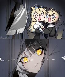 2girls absurdres animal_ear_fluff animal_ears axe black_hair blonde_hair blue_eyes blue_hair breaking broken_door collar dog_ears dog_girl fur_trim fuwamoco fuwawa_abyssgard fuwawa_abyssgard_(1st_costume) grey_hair hair_ornament here&#039;s_johnny!_(meme) highres hole_in_wall holoadvent hololive hololive_english jacket long_hair meme mococo_abyssgard mococo_abyssgard_(1st_costume) multicolored_hair multiple_girls open_mouth parody pink_eyes pink_hair scared scene_reference shiori_novella short_hair siblings sisters smile sobbi11 split-color_hair streaked_hair the_shining twins two-tone_hair virtual_youtuber weapon white_hair yellow_eyes
