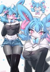 black_shirt black_thighhighs blue_hair blush bow breasts denim denim_shorts earrings fishnets furry gen_6_pokemon hair_bow highres jewelry large_breasts maimoonrabbit necklace nintendo pink_eyes pokemon shirt short_shorts shorts sylveon thighhighs white_fur