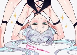 1girl :3 aqua_eyes blush commentary earrings frieren grey_hair jewelry long_hair paid_reward_available qiandaiyiyu simple_background solo sousou_no_frieren sparkle sweat twintails upside-down white_background