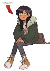 1girl :t aged_up amphibia arrow_(symbol) bag black_hair byubiyubi ear_piercing earrings english_text full_body fur-trimmed_jacket fur_trim hair_ornament hairclip invisible_chair jacket jewelry long_hair looking_afar marcy_wu pants piercing shoes shoulder_bag sitting smile torn_clothes torn_pants white_background