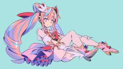 1girl aqua_background blue_hair boots bow brooch cone_hair_bun drill_hair full_body gloves hair_bun hair_ornament heart heart_brooch high_heels jewelry long_hair looking_at_viewer magical_girl mk-5 multicolored_eyes multicolored_hair original panties pink_eyes pink_hair pink_skirt ribbon sidelocks simple_background sitting skirt solo streaked_hair symbol-shaped_pupils twintails underwear very_long_hair white_gloves white_panties