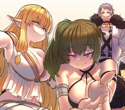 Rule 34 | 1boy, 2girls, blonde hair, breasts, elf, gintm, green hair, grey eyes, grey hair, highres, jacket, large breasts, long hair, multiple girls, pointy ears, pov, purple eyes, serie (sousou no frieren), side ponytail, sousou no frieren, ubel (sousou no frieren), wirbel (sousou no frieren), yellow eyes