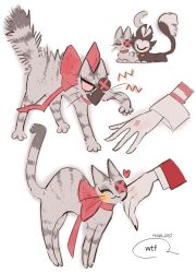Rule 34 | :3, angel dust, animalization, cat, charlie morningstar, disembodied hand, fang, fang out, hazbin hotel, highres, keekee (hazbin hotel), neck ribbon, pink ribbon, ribbon, tppiiiiqqt, vaggie