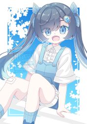1girl :d aged_down animal_print artist_name bandaid bandaid_on_knee bandaid_on_leg black_hair blue_background blue_eyes blue_hair blue_overalls blue_socks border bow cat_print cevio cherry_blossoms collared_shirt colored_inner_hair commentary_request feet_out_of_frame futaba_kominato futaba_minato gradient_background hair_ornament hair_scrunchie highres jewelry kneehighs leaf_hair_ornament long_hair looking_at_viewer multicolored_hair open_mouth outside_border overall_shorts overalls print_socks scrunchie shirt short_sleeves signature sitting smile socks solo sumikaze swept_bangs twintails watermark white_border white_bow white_shirt