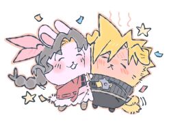 &gt;_&lt; 1boy 1girl :3 aerith_gainsborough animal_ears animalization armor bangle black_boots black_gloves black_pants blonde_hair blush boots bracelet braid braided_ponytail brown_boots chiikawa closed_eyes cloud_strife confetti dog_ears dress final_fantasy final_fantasy_vii final_fantasy_vii_remake gloves hair_between_eyes hair_ribbon highres jacket jewelry long_hair mmmckayyy pants parted_bangs pauldrons pink_dress pink_ribbon rabbit_ears red_jacket ribbon short_hair shoulder_armor sidelocks single_braid single_pauldron spiked_hair x3