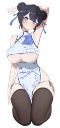 1girl absurdres arm_behind_head arm_up armpits bare_arms bare_shoulders black_hair blue_eyes breasts bright_pupils brown_thighhighs china_dress chinese_clothes closed_mouth clothing_cutout commentary commission double_bun dress floral_print floral_print_dress hair_bun hair_ribbon hantata highres kneeling large_breasts looking_at_viewer mole mole_on_breast original panties pelvic_curtain print_dress ribbon short_hair side-tie_panties side-tie_peek simple_background skindentation sleeveless sleeveless_dress smile solo string_panties thighhighs underboob underboob_cutout underwear white_background white_dress