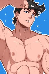 1boy abs absurdres artist_name bara batman_(series) black_hair blue_eyes dc_comics dick_grayson domino_mask hand_up highres holding holding_mask kuroshinki large_pectorals male_focus mask unworn_mask muscular muscular_male nightwing pectorals short_hair simple_background solo sweat upper_body veins veiny_arms young_justice