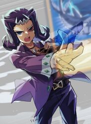 Rule 34 | 1boy, artist name, belt, belt buckle, black belt, black choker, black pants, blue eyes, buckle, card, choker, commentary request, duel disk, headpiece, highres, holding, holding card, jacket, jewelry, kamishiro ryouga, kuroda (kuro yyy), lantern shark (yu-gi-oh!), looking at viewer, male focus, medium hair, open clothes, open jacket, open mouth, outstretched arm, pants, pendant choker, purple hair, purple jacket, red shirt, ring, scouter, shirt, signature, solo, standing, teeth, trading card, transparent, upper teeth only, yu-gi-oh!, yu-gi-oh! zexal