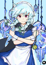 1girl absurdres apron black_cape bow braid cape chinese_commentary closed_mouth commentary_request frozen green_bow grey_hair hair_bow highres holding holding_knife izayoi_sakuya knife long_hair looking_at_viewer maid maid_headdress pocket_watch red_eyes smile solo stunionjy touhou twin_braids waist_apron watch white_apron wrist_cuffs