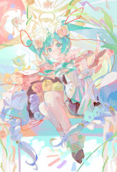 absurdres ahoge ankle_socks aqua_eyes aqua_hair aqua_ribbon bare_legs bare_shoulders black_shoes black_skirt blue_flower braid cape detached_sleeves flower flower_underskirt hair_flower hair_ornament hair_tie hatsune_miku highres long_hair magical_mirai_(vocaloid) magical_mirai_miku magical_mirai_miku_(2021) miku39love3 neck_ribbon pink_cape red_flower red_ribbon ribbon shirt shoes sidelocks sitting sketch skirt sleeveless sleeveless_shirt smile socks split_mouth twintails very_long_hair vocaloid white_shirt white_sleeves white_socks wide_sleeves yellow_flower