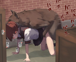 1girl all_fours bestiality black_sailor_collar black_skirt blush brown_hair clothed_sex dog doggystyle hair_ribbon hetero kantai_collection medium_hair miniskirt pleated_skirt ponytail ribbon sailor_collar school_uniform serafuku sex sex_from_behind shikinami_(kancolle) shikinami_kai_ni_(kancolle) short_sleeves skirt speech_bubble tsurugi_(the_horizon)