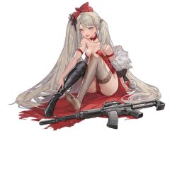 1girl a-545_(bloom_of_the_drunken_tea)_(girls&#039;_frontline) a-545_(girls&#039;_frontline) aek-971 alcohol aqua_eyes assault_rifle bare_shoulders black_boots black_thighhighs blonde_hair blush boots bottle bow braid breasts china_dress chinese_clothes chinese_text chinese_zodiac cleavage collarbone dress french_braid full_body fur girls&#039;_frontline gun hair_bow hair_ornament hairclip hand_on_leg high_heel_boots high_heels holding holding_bottle knee_boots long_hair looking_at_viewer medium_breasts messikid official_alternate_costume official_art on_floor open_mouth red_dress rifle single_boot soles solo thighhighs thighs torn_clothes torn_dress torn_thighhighs transparent_background twintails very_long_hair vodka weapon year_of_the_tiger