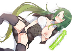 1girl black_panties black_thighhighs blush braid breasts character_request collar copyright_request detached_collar dildo female_masturbation fingering green_eyes green_hair hair_ornament hair_spread_out hairclip highres jewelry kounosu_satori large_breasts long_hair looking_at_viewer lying masturbation nipple_stimulation nipple_tweak nipples on_back open_clothes open_mouth panties pussy_juice ring sex_toy shadow simple_background solo spread_legs sweat thighhighs tweaking_own_nipple underwear vaginal very_long_hair white_background white_collar