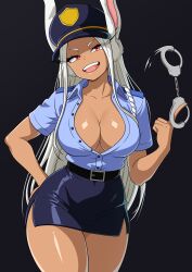 1girl :d absurdres alternate_costume animal_ears belt black_background black_belt black_skirt blue_shirt boku_no_hero_academia breasts cleavage collarbone collared_shirt commentary cuffs dark-skinned_female dark_skin english_commentary female_focus hand_on_own_hip handcuffs hat highres holding holding_handcuffs large_breasts long_eyelashes long_hair looking_at_viewer mirko motion_lines no_bra open_mouth parted_bangs partially_unbuttoned pencil_skirt police police_hat police_uniform policewoman rabbit_ears rabbit_girl red_eyes shirt shirt_tucked_in side_slit simple_background skirt smile solo spinning teeth theoiledone thick_thighs thighs toned toned_female upper_teeth_only very_long_hair white_hair