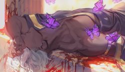 1boy ares ares_(hades) blood bug butterfly collarbone commentary dark_skin day english_commentary hades_(series) hades_1 hand_on_own_forehead highres insect lying male_focus o3tofu on_back open_mouth pillar short_hair sideways solo sunlight upper_body white_hair