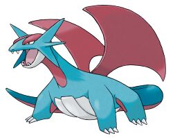 animal_focus claws dragon dragon_wings fangs full_body gen_3_pokemon highres nintendo no_humans official_art open_mouth pokemon pokemon_(creature) pokemon_focus pokemon_rse red_wings salamence solo sugimori_ken third-party_source transparent_background v-shaped_eyes wings