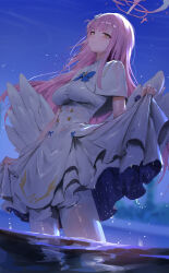 1girl absurdres angel_wings backlighting blue_archive blue_bow blue_bowtie blush bow bowtie breasts capelet closed_mouth commentary cross dated_commentary dress feathered_wings hair_bun hair_ribbon halo highres large_breasts long_hair low_wings making-of_available mika_(blue_archive) night outdoors pantyhose pink_hair pink_halo ribbon rororo scrunchie single_side_bun smile solo thighs underbust wading water wet wet_clothes white_capelet white_dress white_pantyhose white_ribbon white_wings wings wrist_scrunchie yellow_eyes