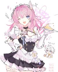 1boy 1girl ;o antenna_hair apron black_choker black_dress blue_eyes breasts choker cleavage clothing_cutout color_connection commentary_request company_connection cosplay cyrene_(honkai:_star_rail) dress elbow_gloves elysia_(honkai_impact) elysia_(honkai_impact)_(cosplay) elysia_(miss_pink)_(honkai_impact) elysia_(miss_pink_elf)_(honkai_impact) food gloves hair_color_connection heart highres holding holding_plate honkai:_star_rail honkai_(series) honkai_impact_3rd inoue_marina looking_at_viewer maid maid_apron maid_headdress medium_breasts medium_hair nonoko_(1k6sx1encx45226) one_eye_closed phainon_(honkai:_star_rail) pink_hair plate puffy_short_sleeves puffy_sleeves short_sleeves side_cutout simple_background voice_actor_connection white_background white_gloves white_hair yanning