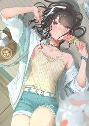 Rule 34 | 1girl, absurdres, belt, black hair, blue eyes, blush, bracelet, breasts, choker, closed mouth, collarbone, denim, denim shorts, food, hair ornament, highres, holding, holding food, holding popsicle, idolmaster, idolmaster shiny colors, jacket, jewelry, kazano hiori, long hair, long sleeves, looking at viewer, lying, mole, mole under mouth, on back, open clothes, open jacket, ponytail, popsicle, shirt, shorts, solo, tank top, umirororo, watermelon bar