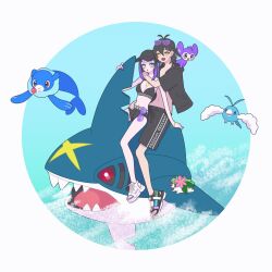 1boy 1girl :d aipom arm_around_neck baseball_cap bikini black_bikini black_hair black_hat black_jacket black_shorts bracelet breasts closed_mouth crossover eyewear_on_head full_body gen_2_pokemon gen_3_pokemon gen_4_pokemon gen_7_pokemon hand_on_another&#039;s_waist hat highres jacket jewelry legendary_pokemon long_hair medium_breasts mihama_kouji multicolored_hair mythical_pokemon nintendo nyaasechan open_mouth pokemon pokemon_(creature) popplio pretty_rhythm pretty_rhythm_rainbow_live pretty_series purple-framed_eyewear purple_hair riding riding_pokemon sandals sharpedo shaymin short_hair shorts sitting smile suzuno_ito swablu swimsuit two-tone_hair water waves yellow_eyes