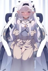 1girl absurdres black_hairband blue_archive flower hair_flower hair_ornament hair_tubes hairband halo highres himari_(blue_archive) long_hair looking_at_viewer mole mole_under_eye muou one_eye_closed pointy_ears powered_wheelchair sitting solo striped_clothes striped_hairband wheelchair white_background white_flower white_halo