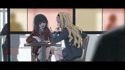 2girls aged_up bangs_pinned_back black_hair black_hairband blonde_hair blurry blurry_foreground brown_eyes chair hairband highres indoors jacket kirarazaka_marina kuze_shizuka long_hair long_sleeves looking_at_another multiple_girls on_chair open_magazine open_mouth people piroaki pleated_skirt school_uniform short_hair sitting skirt table takopii_no_genzai talking