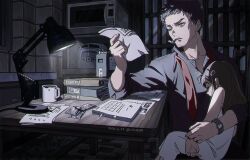1boy 1girl beard_stubble binder brown_hair chair child cup dated desk_lamp doujima_nanako doujima_ryoutarou dress elbow_on_table facial_hair father_and_daughter grey_eyes grey_shirt hair_ornament hairpin highres holding holding_paper indoors lamp lcs_0209 mature_male microwave mug mustache_stubble necktie on_chair one_eye_closed paper partially_unbuttoned persona persona_4 red_necktie rice_cooker shirt short_hair shouji sitting sleeping sliding_doors stubble table twitter_username undone_necktie watch white_dress wristwatch