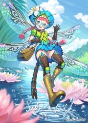 1girl :d abdomen_tail arm_up arthropod_girl arthropod_tail bag blue_dress blue_eyes book bow braid breasts brown_footwear brown_gloves cloud cloudy_sky commentary_request day dress emblem fairy flower flying from_below glasses gloves gradient_clothes gradient_dress gradient_eyes gradient_hat grass green_eyes green_panties hat hat_flower hata_(pixiv4102938) highres insect_wings lily_pad looking_at_viewer looking_down lotus monster_girl multicolored_eyes open_mouth original panties pink_bow pink_hair satchel sky small_breasts smile solo sparkle stream teeth thighhighs tree twin_braids two-tone_dress two-tone_eyes two-tone_hat underwear upper_teeth_only water water_drop waving wings