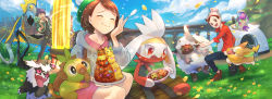 1girl 2boys backpack bag beanie black_pants black_shirt bridge brown_bag brown_eyes brown_footwear brown_hair cable_knit cardigan closed_eyes closed_mouth cloud collared_dress commentary_request creatures_(company) curry day dress eating flower food fur-trimmed_jacket fur_trim galarian_form galarian_zigzagoon game_freak gen_8_pokemon glint gloria_(pokemon) grass green_headwear green_jacket grey_cardigan grey_headwear grookey hand_fan hat highres holding holding_fan holding_spoon hood hooded_cardigan hop_(pokemon) inteleon jacket kikuyoshi_(tracco) kneeling multiple_boys nintendo open_mouth outdoors pants petals pink_dress plate pokemon pokemon_(creature) pokemon_swsh polteageist pot purple_hair raboot red_shirt shirt shoes short_hair sitting sky sleeves_rolled_up smile spoon standing tam_o&#039;_shanter teeth tongue victor_(pokemon) wooloo yamper yellow_eyes yellow_flower