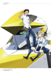 1boy 1girl belt_pouch between_legs black_bow black_shoes blonde_hair blue_bow blue_pants blue_skirt blue_socks bow brown_eyes brown_hair charm_(object) chest_bow chuo_tanegashima_high_school_uniform clenched_hand clenched_teeth collarbone collared_shirt ears_visible_through_hair fukuda_tomonori full_body grin gunvarel hair_bow hair_ribbon hand_between_legs hand_up highres holding holding_tablet_pc kneehighs koujiro_frau leather_belt loafers long_hair looking_at_phone looking_down mecha multiple_hair_bows narrowed_eyes official_art open_collar pants phone pleated_skirt pouch red_eyes red_hair red_shoes red_undershirt ribbon robot robotics;notes sailor_collar school_uniform serafuku shadow shirt shoes short_hair short_sleeves sitting skirt sleepy smile sneakers socks standing t-shirt tablet_pc teeth twintails white_background white_sailor_collar white_shirt yashio_kaito