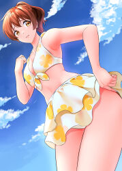 1girl absurdres adjusting_clothes adjusting_swimsuit bikini bikini_skirt breasts brown_hair closed_mouth collarbone commentary day from_below front-tie_bikini_bottom hibike!_euphonium high_ponytail highres medium_breasts myjiq navel oumae_kumiko ponytail print_bikini short_hair sky solo swimsuit thighs white_bikini yellow_eyes