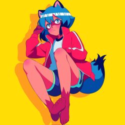 1girl animal_ear_fluff animal_ears barefoot black_hair blizzard_(b1iz4rd) blue_hair blue_shorts blue_trim blush bob_cut body_fur brand_new_animal breasts closed_mouth commentary curled_fingers dark-skinned_female dark_skin dolphin_shorts drop_shadow english_commentary full_body furry furry_female green_eyes green_trim hair_between_eyes hand_up highres jacket kagemori_michiru knee_blush knees_up light_frown long_sleeves looking_at_viewer multicolored_eyes multicolored_hair open_clothes open_jacket popped_collar raccoon_ears raccoon_girl raccoon_nose raccoon_tail raised_eyebrow red_eyes red_jacket shadow shirt short_hair short_shorts shorts sidelocks simple_background single_vertical_stripe small_breasts soles solo t-shirt tail toes two-tone_eyes two-tone_hair white_shirt white_trim yellow_background