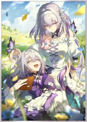2girls bare_shoulders black_bow book bow breasts bug butterfly butterfly_on_hand castorice_(honkai:_star_rail) closed_eyes closed_mouth detached_collar dress falling_petals flower frilled_dress frills gradient_hair grey_hair hair_ribbon hairband highres holding holding_book honkai:_star_rail honkai_(series) insect lap_pillow large_breasts layered_dress long_hair long_sleeves looking_at_another lying multicolored_hair multiple_girls official_art on_back open_mouth outdoors petals pink_flower pointy_ears polyxia_(honkai:_star_rail) puffy_short_sleeves puffy_sleeves purple_butterfly purple_dress purple_eyes purple_hair purple_ribbon ribbon short_hair short_sleeves siblings sisters smile third-party_source white_bow white_dress white_flower white_hairband white_ribbon