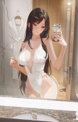 1girl artist_self-reference bare_shoulders bathrobe bathroom blush breasts brown_hair casual_one-piece_swimsuit cellphone center_opening collarbone commentary cowboy_shot english_commentary fingernails highleg highleg_one-piece_swimsuit highres holding holding_phone indoors large_breasts long_hair mirror mirror_selfie nail_polish one-piece_swimsuit original parted_lips phone photo-referenced purple_eyes reflection reflection_focus rucarachi self-portrait smartphone smile solo swimsuit unworn_clothes unworn_robe very_long_hair white_one-piece_swimsuit