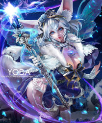 1girl animal_ears blue_dress blue_eyes blue_flower breasts cleavage dress flower fox_ears fox_tail fur_trim garter_straps gloves hair_between_eyes hair_flower hair_ornament highres holding holding_staff jewelry lace lace_trim large_breasts lips looking_at_viewer magic necklace original parted_lips solo staff tail thighhighs white_gloves white_thighhighs wings yoda_(ayanamikodon)