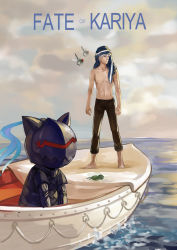1boy animalization berserker_(fate/zero) boat bug crest_worm dog fate/zero fate_(series) fatlulu_(1008) grey_hair hat bug life_of_pi matou_kariya parody topless_male white_hair worm