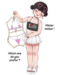 1girl bikini black_hair double_bun eyewear_on_head hair_bun highres kitavana micro_bikini mole mole_on_thigh mole_under_mouth navel original short_hair simple_background sunglasses swimsuit swimsuit_hanger white_background