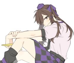 1girl black_leg_warmers black_necktie black_skirt brown_eyes brown_hair cellphone checkered_clothes checkered_skirt commentary fang fang_out flip_phone hat himekaidou_hatate holding holding_phone leg_warmers long_hair looking_at_viewer necktie phone puffy_short_sleeves puffy_sleeves purple_hat purple_skirt sakic43899 short_sleeves simple_background skirt smile solo tokin_hat touhou twintails white_background