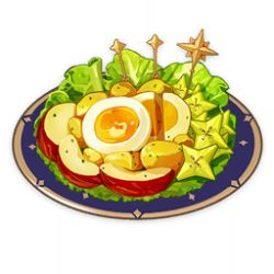 apple apple_slice artist_request commentary der_weisheit_letzter_schluss_(life)_(genshin_impact) egg egg_(food) english_commentary food food_focus fruit game_cg genshin_impact lettuce lowres no_humans official_art plate potato salad simple_background star-shaped_food star_(symbol) starfruit still_life third-party_source transparent_background