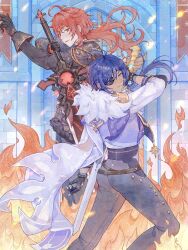 2boys absurdres antenna_hair arm_up artist_name ass black_coat black_gloves black_pants blue_eyes blue_hair building closed_mouth coat commentary_request dark-skinned_male dark_skin diamond-shaped_pupils diamond_(shape) diluc_(genshin_impact) european_architecture eyepatch favonius_sword_(genshin_impact) feet_out_of_frame fingerless_gloves fire floating_hair fur-trimmed_coat fur_scarf fur_trim genshin_impact gloves greatsword hair_between_eyes highres holding holding_sword holding_weapon kaeya_(genshin_impact) light_frown long_hair looking_at_viewer low_ponytail male_focus morte_(morte00097530) multiple_boys pants ponytail red_eyes red_hair shirt step-siblings sword symbol-shaped_pupils weapon wolf&#039;s_gravestone_(genshin_impact)