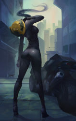 1girl animal_helmet ass biker_clothes bikesuit black_bodysuit black_cat bodysuit breasts building cat celty_sturluson city dullahan durarara!! female_focus from_behind full_body gloves headless helmet highres holding johnson_zhuang kneepits motor_vehicle motorcycle motorcycle_helmet outdoors over_shoulder skin_tight sky skyscraper solo standing traffic_light unworn_headwear unworn_helmet vehicle