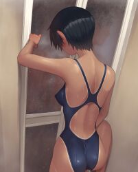 1girl 2boys ass black_hair blush breasts clothed_masturbation commentary_request competition_swimsuit covered_erect_nipples female_masturbation from_behind highleg highleg_one-piece_swimsuit highres kuronami_(lvi) lvi masturbation medium_breasts multiple_boys one-piece_swimsuit original paid_reward_available public_indecency public_masturbation shiny_skin short_hair showering solo solo_focus standing standing_on_one_leg swimsuit tan tanline thighs tomboy wet