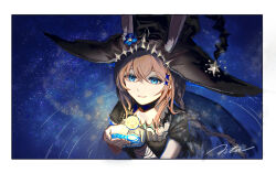 1girl ambience_synesthesia amiya_(medic)_(solo_around_the_world)_(arknights) amiya_(arknights) animal_ears aota_(tokidoki_cc) arknights black_dress black_hat blue_eyes brown_hair closed_mouth commentary crossed_bangs cupping_hands dress ears_through_headwear hair_between_eyes hair_ornament hat highres long_hair magic official_alternate_costume own_hands_together short_sleeves signature smile solo water witch_hat