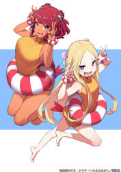 Rule 34 | 2girls, arched back, arms up, blonde hair, blush, bob cut, breasts, brown eyes, dark-skinned female, dark skin, double v, full body, hair ornament, holt (mahoutsukai reimeiki), innertube, iwasaki takashi, large breasts, leg up, long hair, looking at another, looking at viewer, loux christasse, mahoutsukai reimeiki, multiple girls, open mouth, purple eyes, red hair, short hair, simple background, smile, standing, swim ring, swimsuit, thighs, v, v-shaped eyebrows, wavy hair