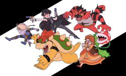 3girls bayonetta bayonetta_(series) black_hair blonde_hair blue_eyes bowser brown_hair claws earrings eyeshadow flower_earrings flying full_body gen_7_pokemon gloves grin high_heels incineroar jewelry jumping lipstick makeup mario_(series) multiple_girls nintendo one_eye_closed open_mouth piranha_plant plant pokemon ponytail princess_daisy red_eyes running sega sheik smile spikes super_mario_bros._1 super_mario_land super_smash_bros. tail the_legend_of_zelda the_legend_of_zelda:_ocarina_of_time tomboy white_gloves wink