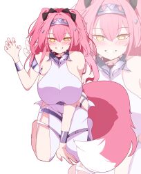 Rule 34 | 1girl, absurdres, alternate hairstyle, amebrew, armlet, bare shoulders, black bow, blush, bodysuit, bow, breasts, collar, commentary, fingernails, grin, hair bow, hair ornament, hairband, hand up, highres, jewelry, kneeling, large breasts, long hair, looking at viewer, lupa (wuthering waves), metal collar, metal hairband, multiple hair bows, pink hair, pink tail, simple background, smile, solo, tail, white background, white bodysuit, wolf tail, wrist guards, wuthering waves, yellow eyes, zoom layer