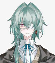 1boy alternate_costume anaxa_(honkai:_star_rail) blue_eyes closed_mouth earrings eyepatch grey_jacket highres honkai:_star_rail honkai_(series) jacket jewelry looking_at_viewer male_focus medical_eyepatch medium_hair one_eye_covered pink_pupils shirt side_ponytail simple_background single_earring solo thorn72132528 vest white_background white_shirt yellow_vest