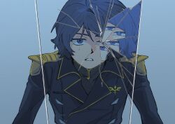 1boy absurdres alternate_universe black_coat black_shirt blue_background blue_eyes blue_hair broken_glass broken_mirror char&#039;s_counterattack coat empty_eyes film_grain gigantea_pp glass gundam high_collar highres kamille_bidan lapels long_sleeves looking_at_mirror looking_at_viewer male_focus military_uniform mirror notched_lapels parted_lips shirt short_hair shoulder_boards simple_background single_hair_intake solo upper_body