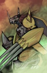 1boy armor claw_(weapon) colored_skin digimon digimon_(creature) dragon from_side green_eyes helmet highres mark_triangle orange_skin red_hair short_hair shoulder_armor smear_frame solo spiked_hair wargreymon weapon yellow_armor